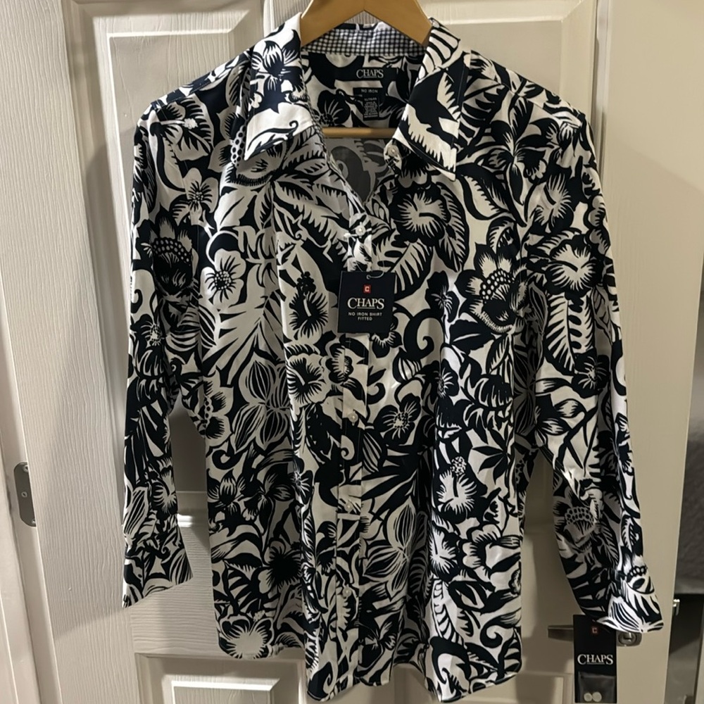 Chaps Non Iron Patterned Button Down Shirt Top